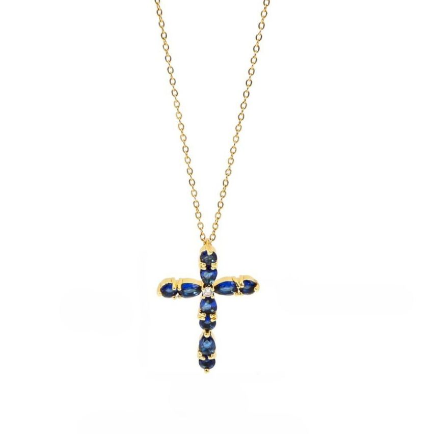 S.Steel Gold Plating Blue marine Zircon Cross Women-c 10g
