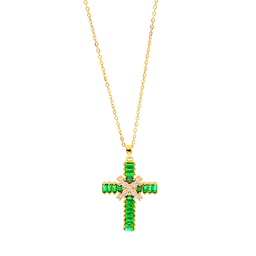 S.Steel Gold Plating Green Zircon Cross Women-c 5g