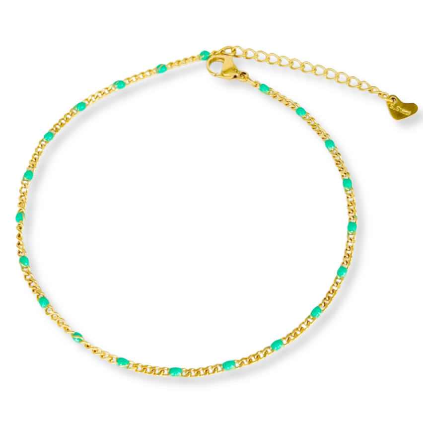 S.Steel Gold Plating Lake blue Enamel Anklets Women-c 3.5g 210x2.1mm