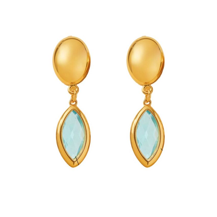 S.Steel Gold Plating Lake blue Glass stone Long Women-c 3.8g 38x10mm