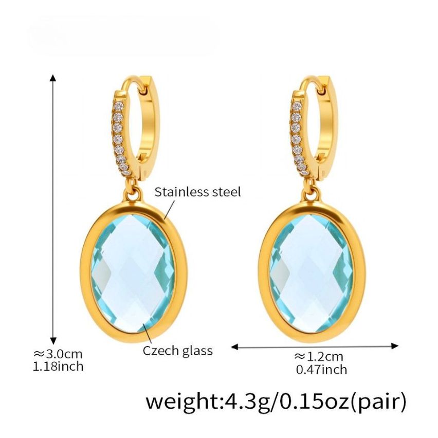 S.Steel Gold Plating Lake blue Glass stone Long Women-c 4.3g 30x12mm