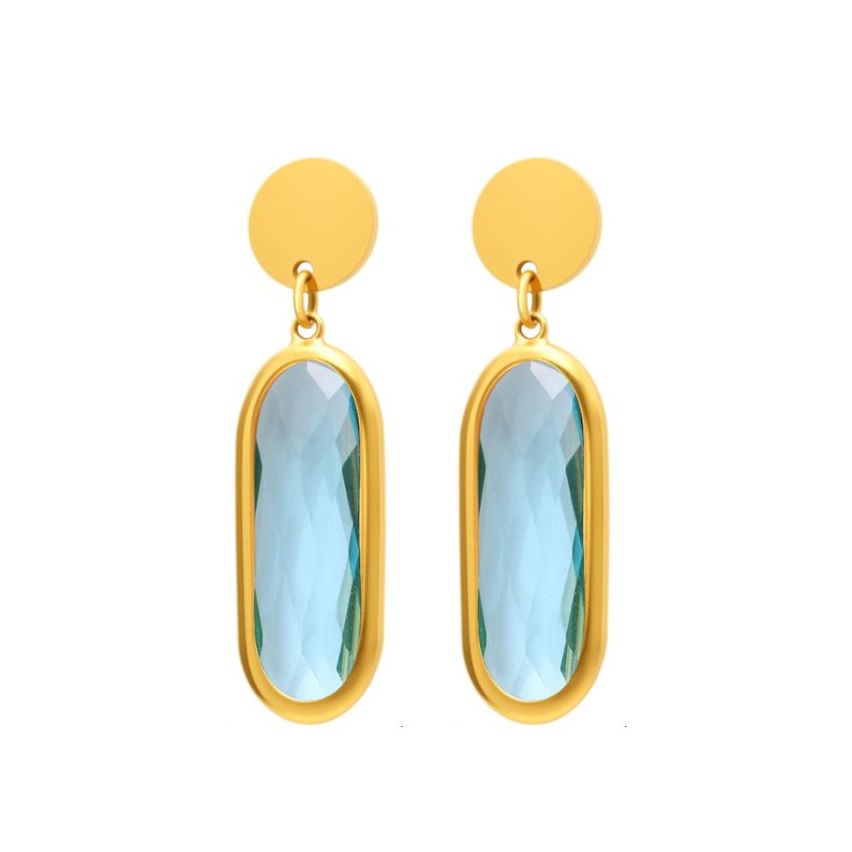 S.Steel Gold Plating Lake blue Glass stone Long Women-c 4.4g 34x19.5mm