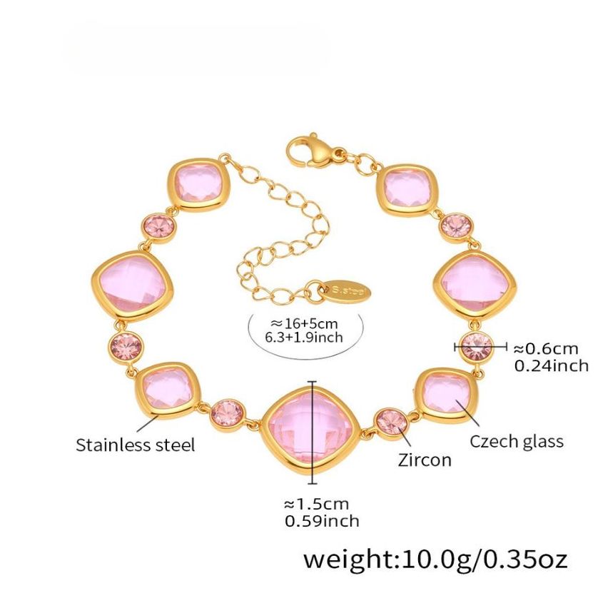S.Steel Gold Plating Pink Glass stone Minimalist Women-c 10g
