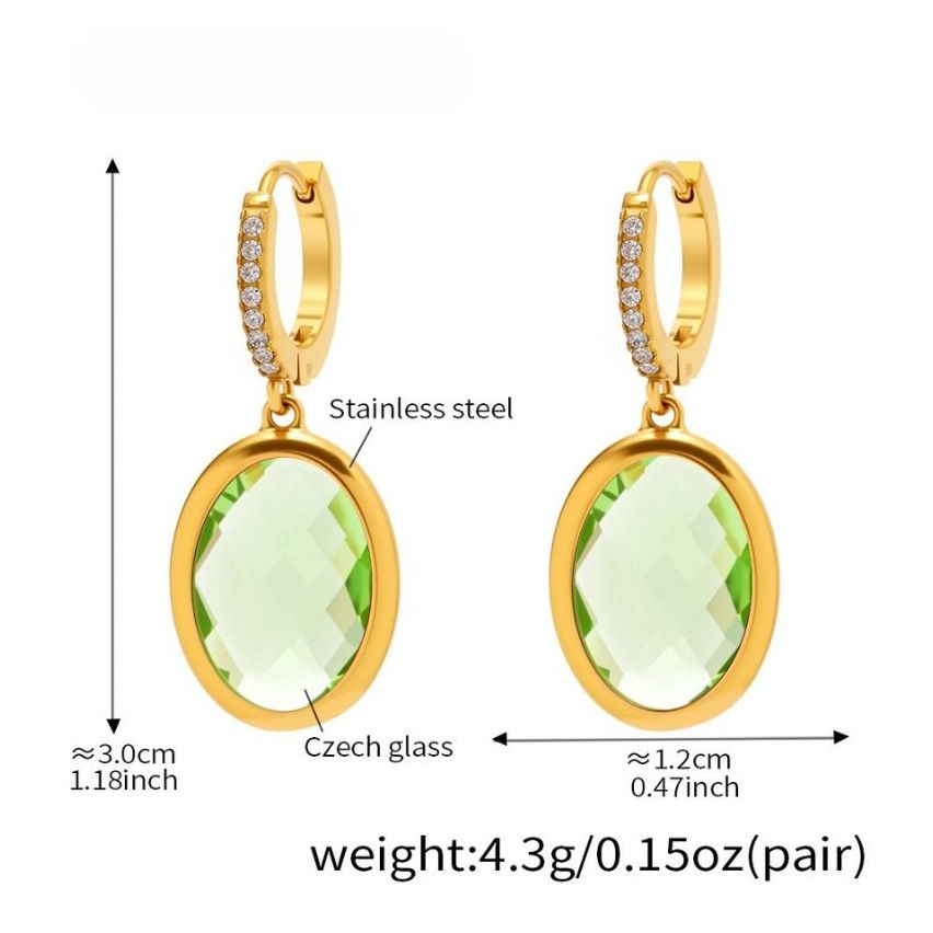 S.Steel Gold Plating Light green Glass stone Long Women-c 4.3g 30x12mm