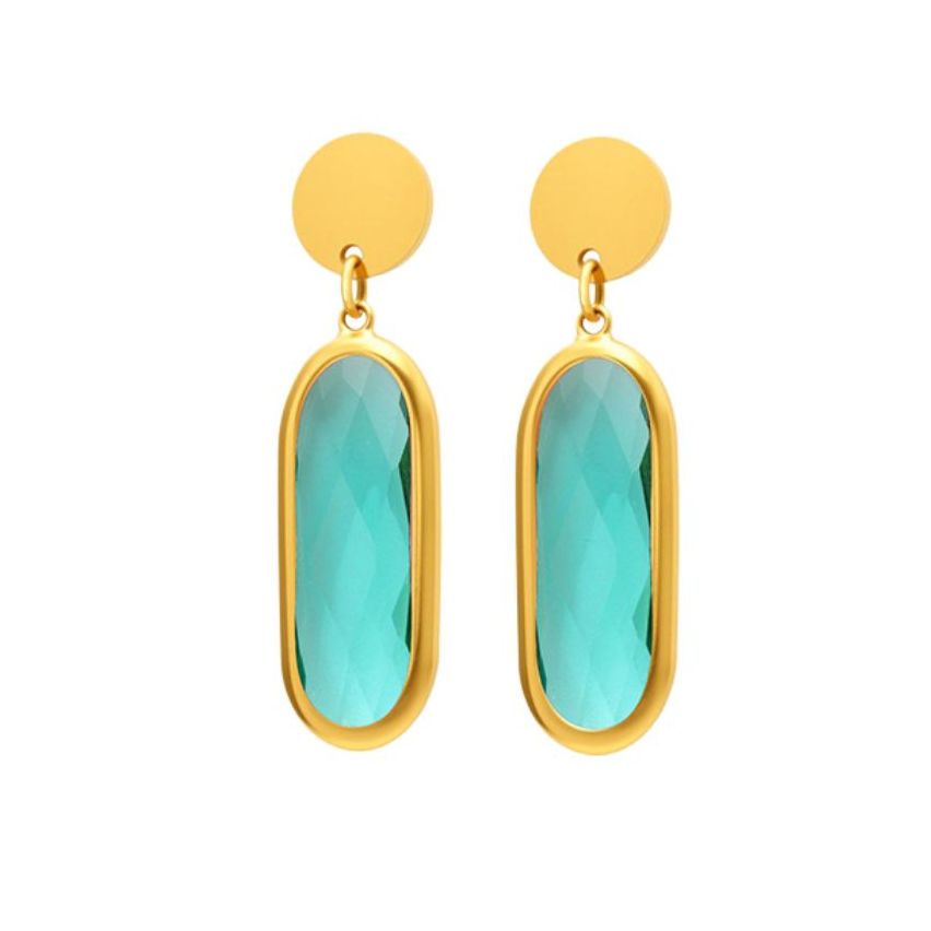 S.Steel Gold Plating Light green Glass stone Long Women-c 4.4g 34x19.5mm