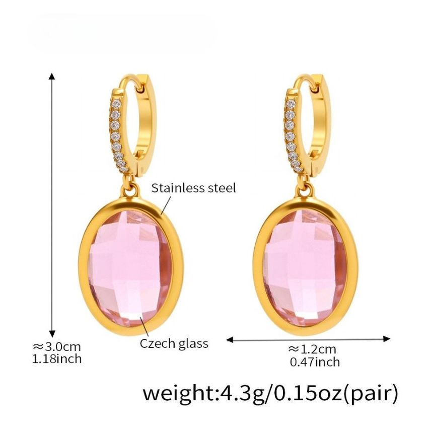 S.Steel Gold Plating Pink Glass stone Long Women-c 4.3g 30x12mm