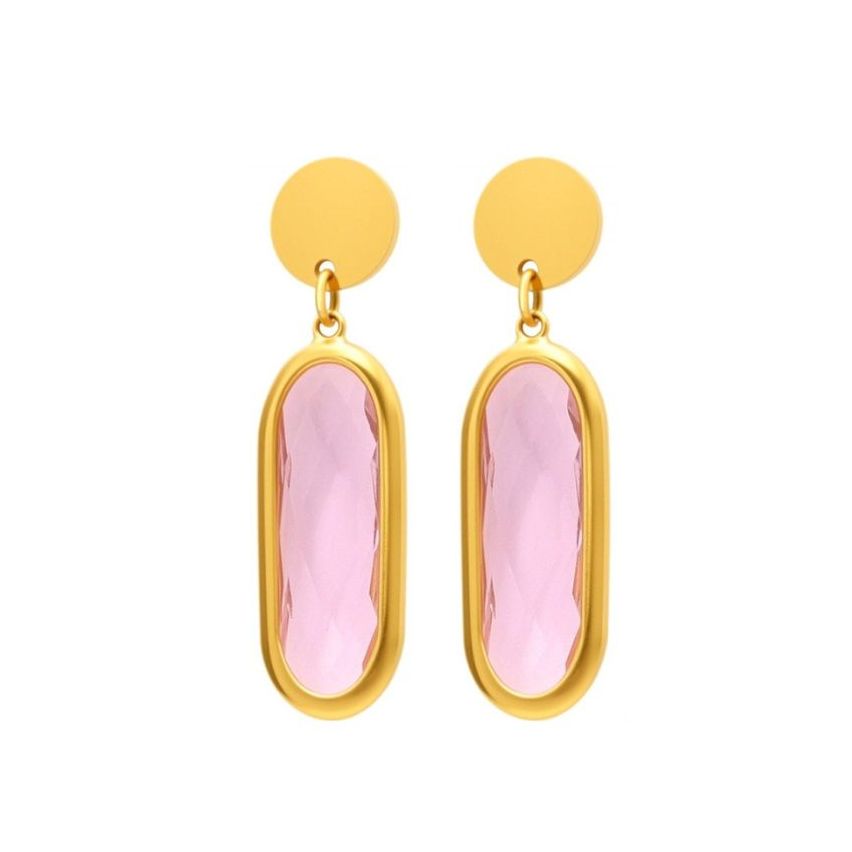 S.Steel Gold Plating Pink Glass stone Long Women-c 4.4g 34x19.5mm