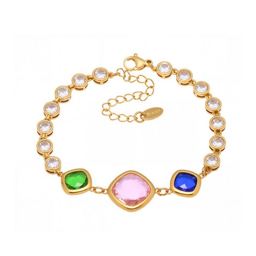 S.Steel Gold Plating Colorfull Glass stone Minimalist Women-c 8.7g