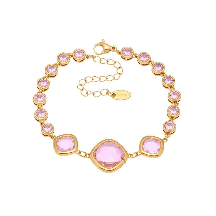 S.Steel Gold Plating Pink Glass stone Minimalist Women-c 8.7g