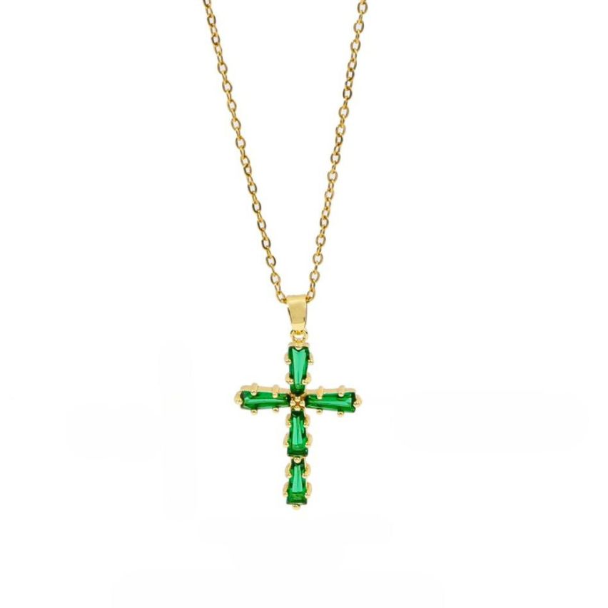 S.Steel Gold Plating Green Zircon Cross Women-c 10g