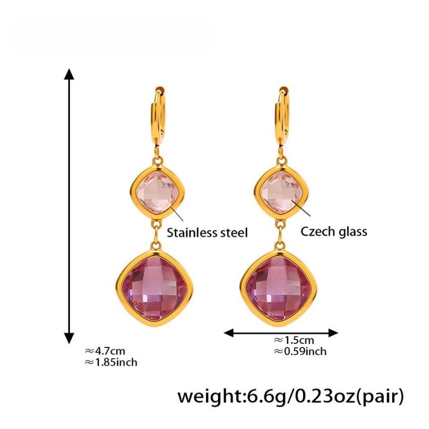 S.Steel Gold Plating Purple Glass stone Long Women-c 6.6g 47x15mm