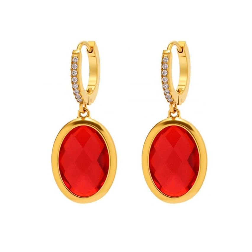 S.Steel Gold Plating Red Glass stone Long Women-c 4.3g 30x12mm