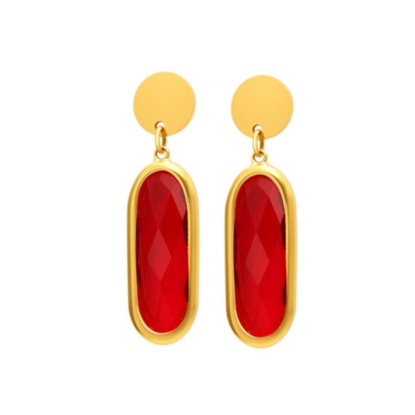 S.Steel Gold Plating Red Glass stone Long Women-c 4.4g 34x19.5mm