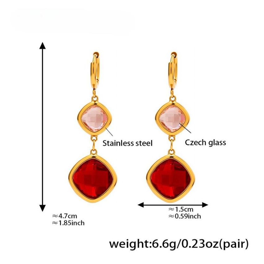 S.Steel Gold Plating Red Glass stone Long Women-c 6.6g 47x15mm