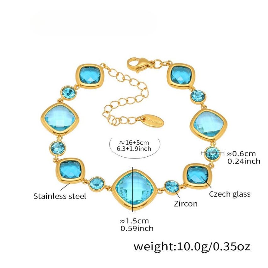 S.Steel Gold Plating Lake blue Glass stone Minimalist Women-c 10g