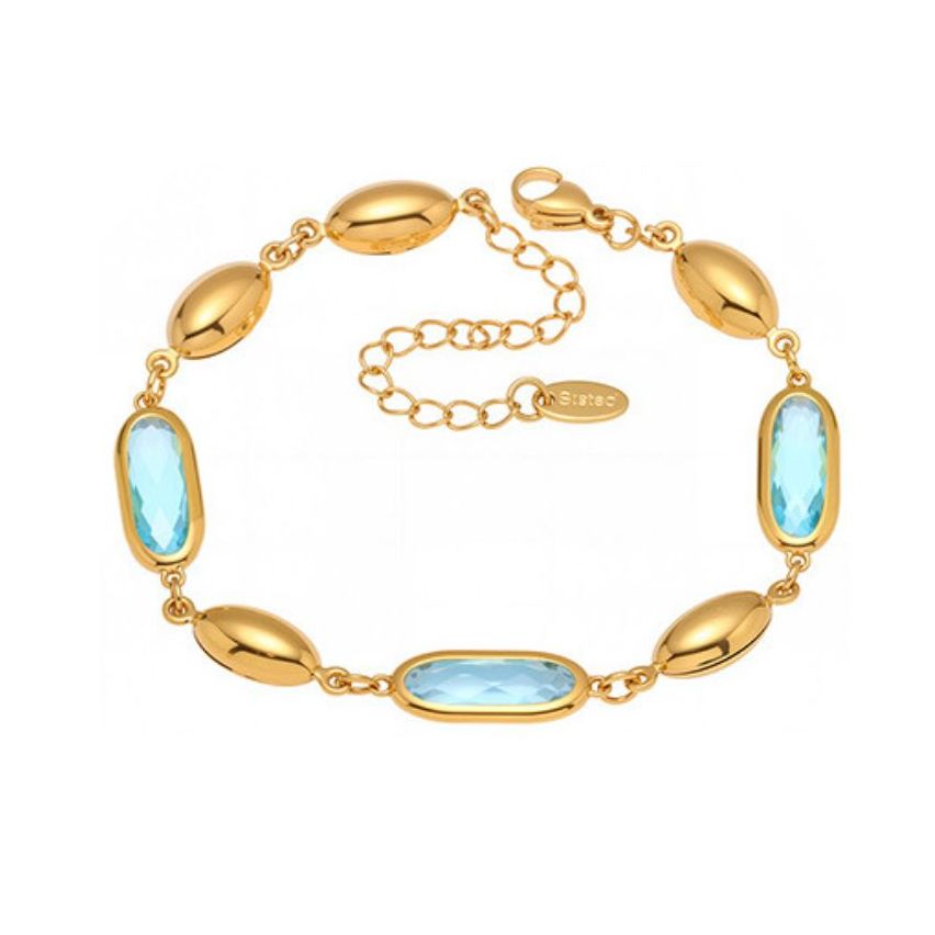 S.Steel Gold Plating Blue  Faceted Czech Glass stone Minimalist Women 5.8g