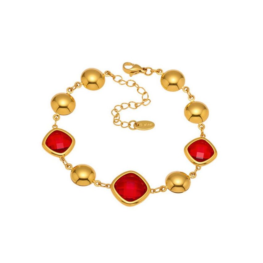 S.Steel Gold Plating Red Faceted Czech Glass stone Minimalist Women 8.3g