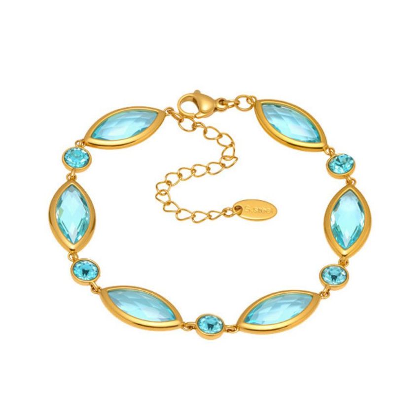 S.Steel Gold Plating Blue Czech Glass stone Minimalist Women 8.3g