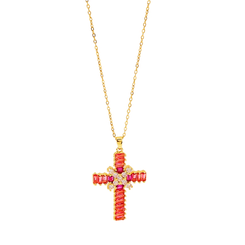 S.Steel Gold Plating Red Zircon Cross Women-c 5g
