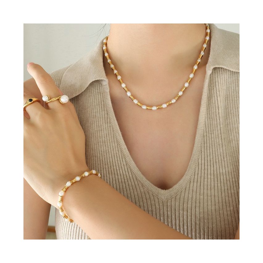 S.Steel Gold Plating Freshwater pearl Pearls Women-c