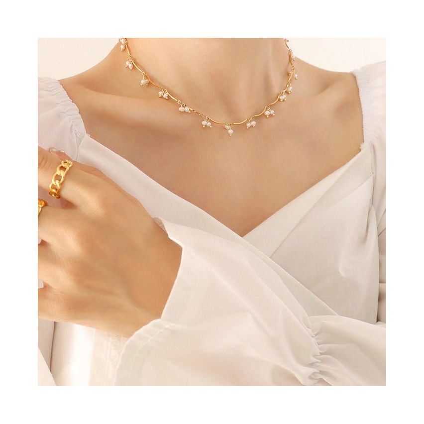 S.Steel Gold Plating Freshwater pearl Pearls Women-c 7g