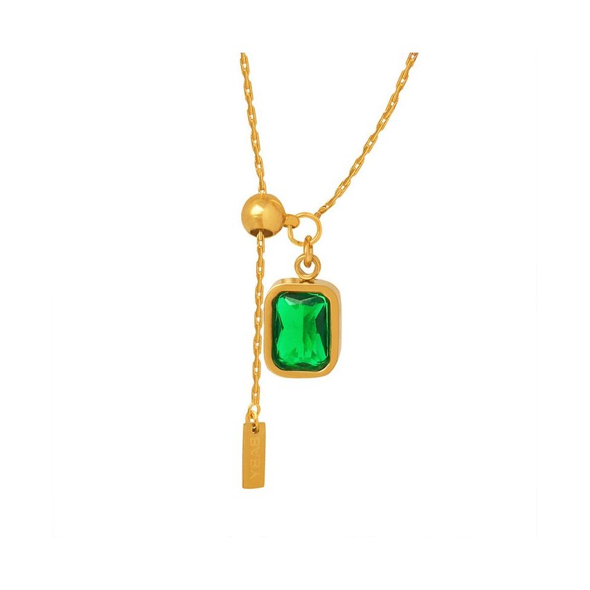 S.Steel Gold Plating Green Glass stone Zircon Women-c