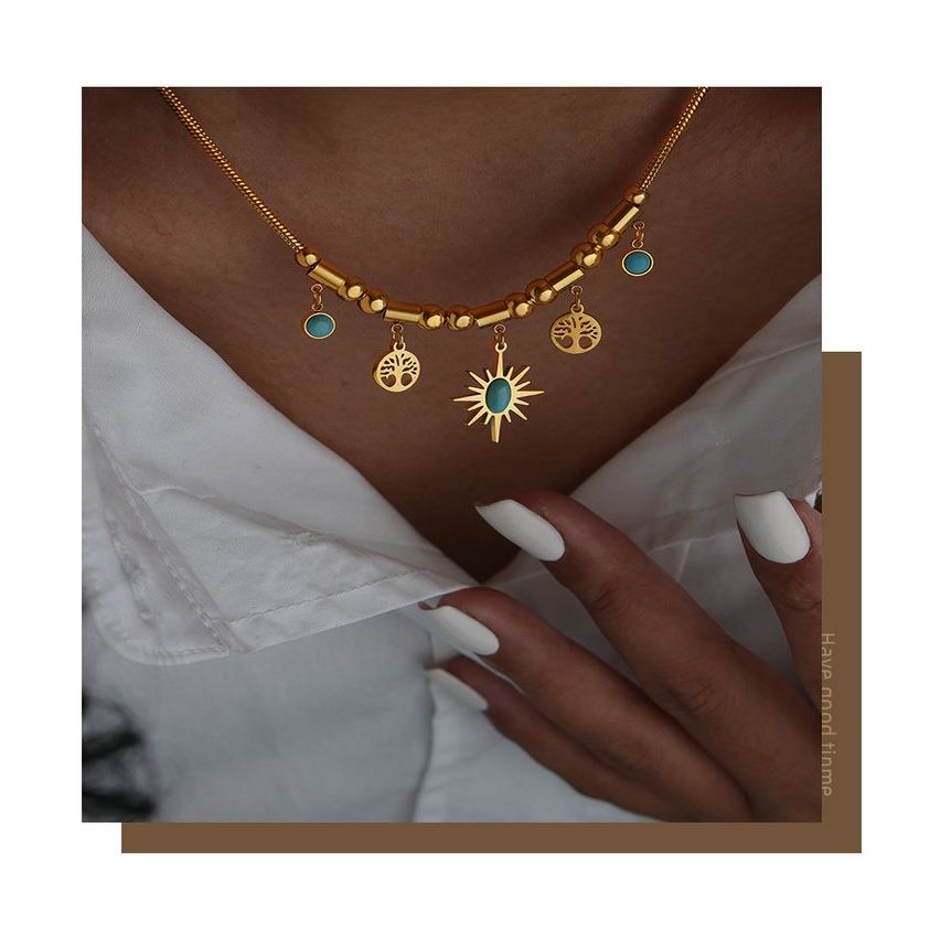 S.Steel Gold Plating Turquoise Bead Women-c