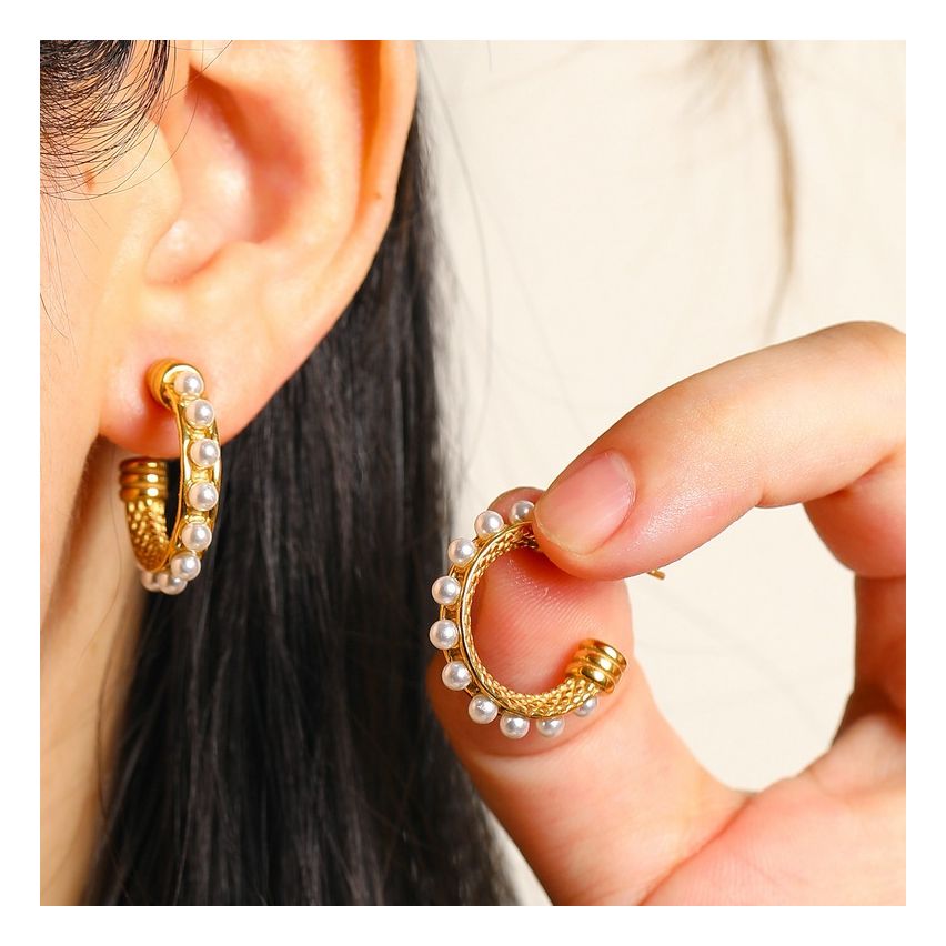 S.Steel Gold Plating Pearls Women-c 3g 23x23mm