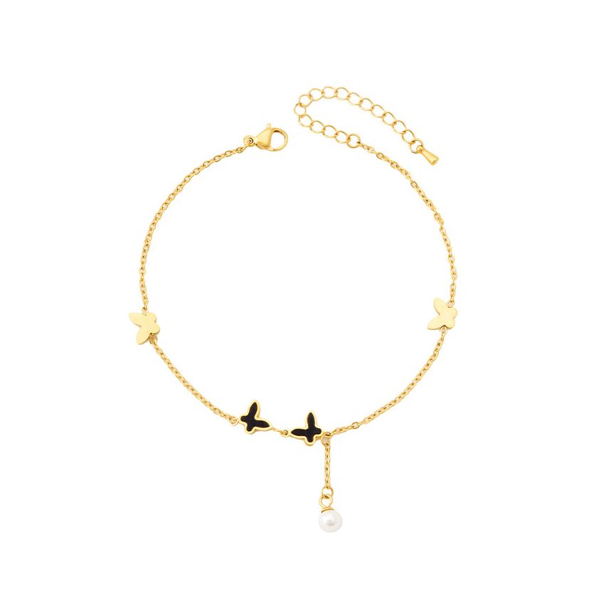 S.Steel Gold Plating Black Shijia pearl Anklets Women-c 3g