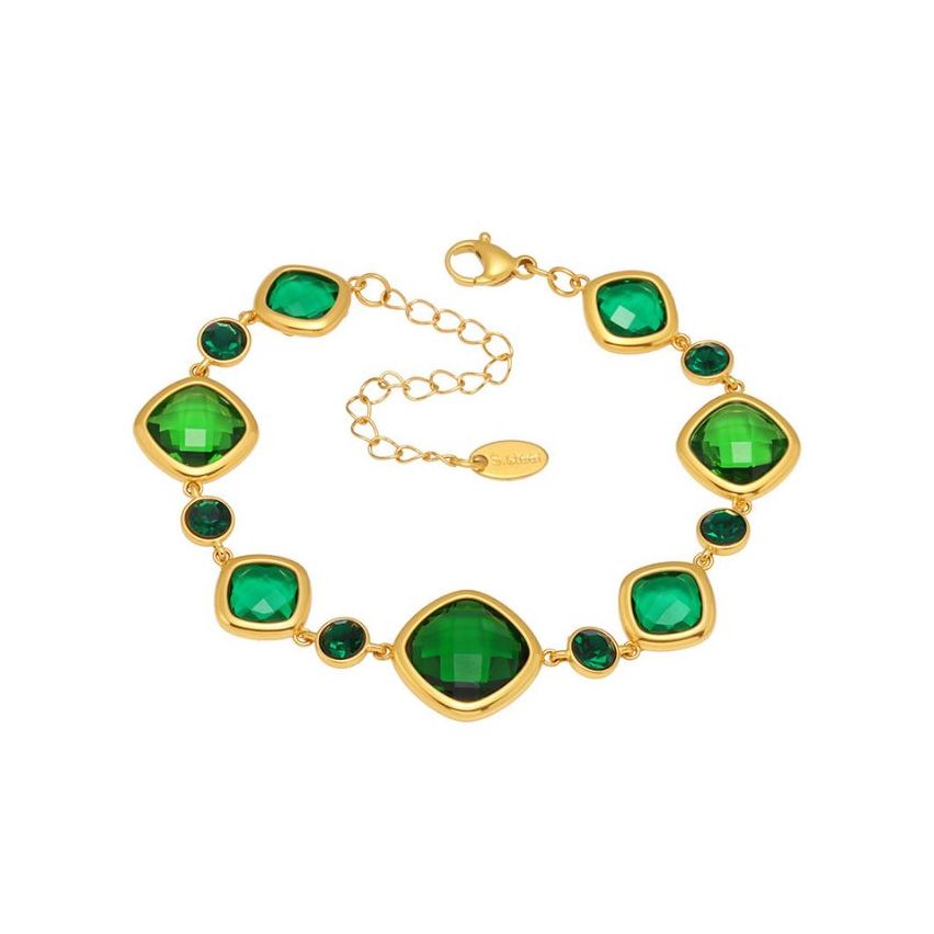 S.Steel Gold Plating Green Glass stone Minimalist Women-c 10g