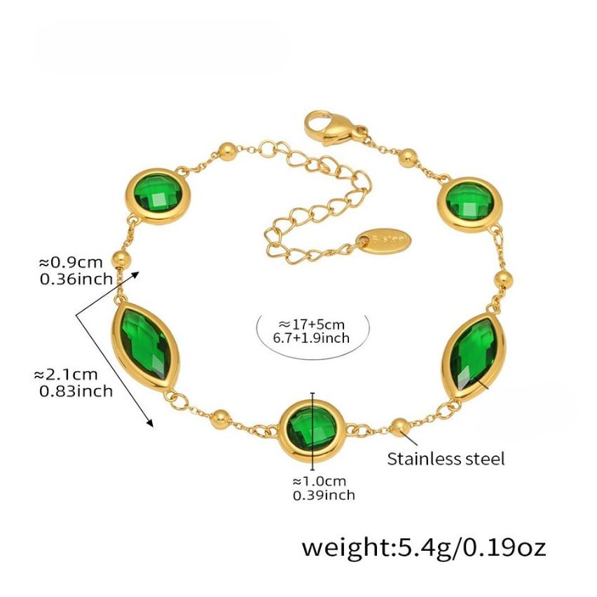 S.Steel Gold Plating Green Glass stone Minimalist Women-c 5.4g