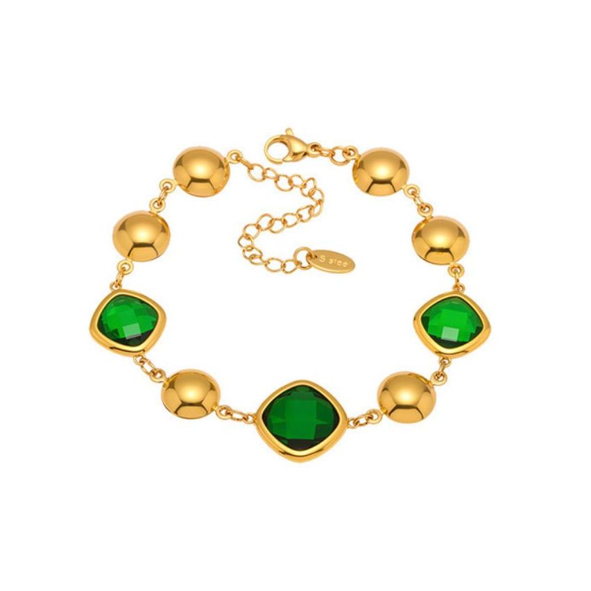 S.Steel Gold Plating Green Faceted Czech Glass stone Minimalist Women 8.3g