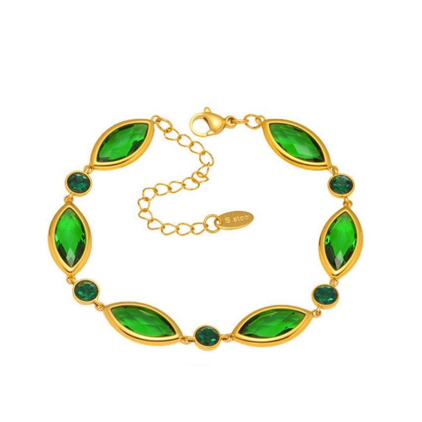 S.Steel Gold Plating Green Czech Glass stone Minimalist Women 8.3g