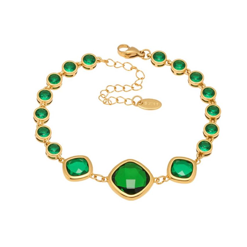 S.Steel Gold Plating Green Glass stone Minimalist Women-c 8.7g