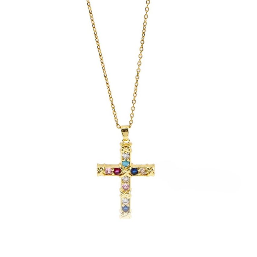 S.Steel Gold Plating Colorfull Zircon Cross Women-c 10g