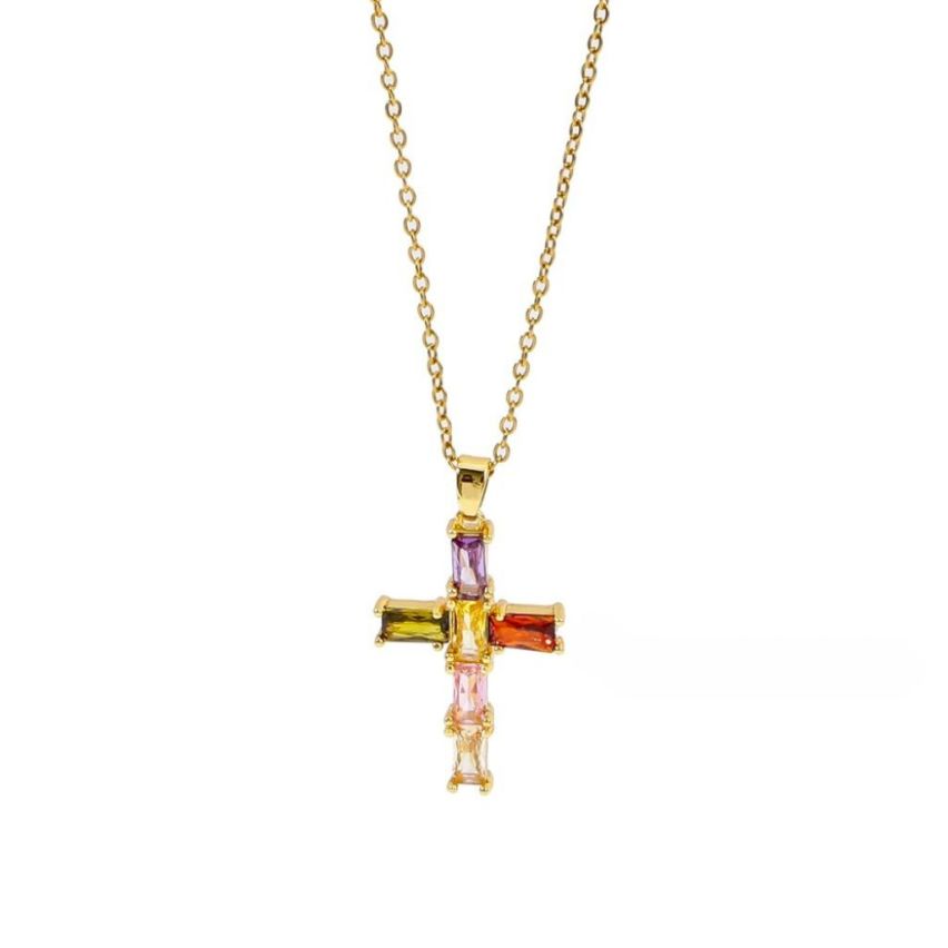S.Steel Gold Plating Colorfull Zircon Cross Women-c 10g