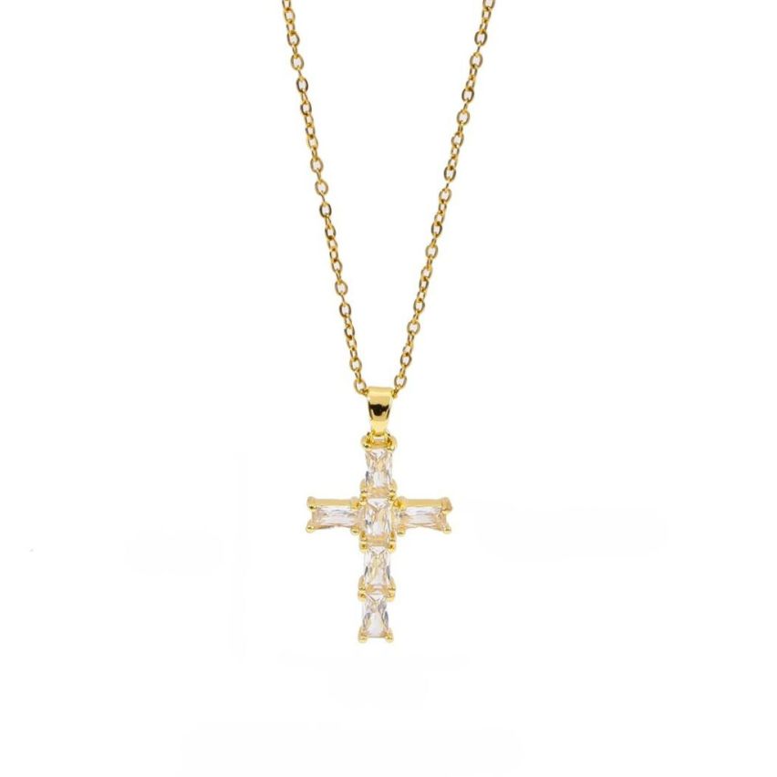 S.Steel Gold Plating White Zircon Cross Women-c 10g