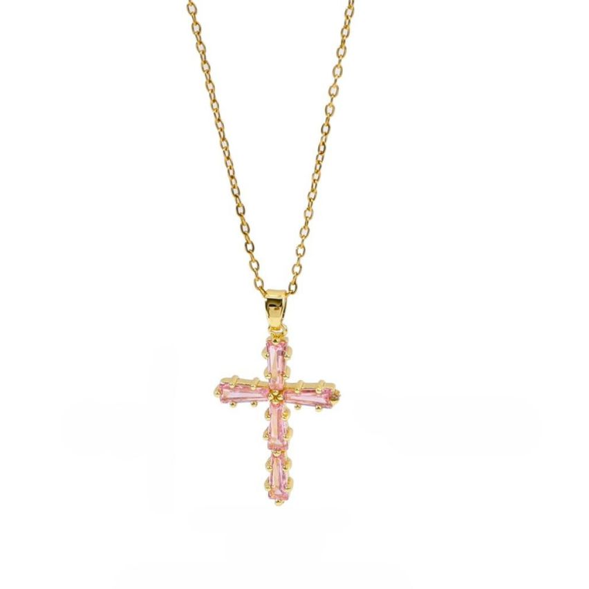 S.Steel Gold Plating Pink Zircon Cross Women-c 10g