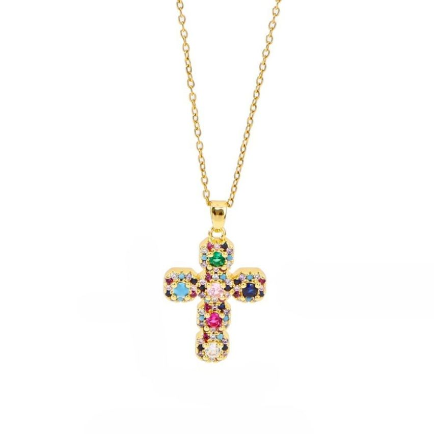 S.Steel Gold Plating Colorfull Zircon Cross Women-c 10g