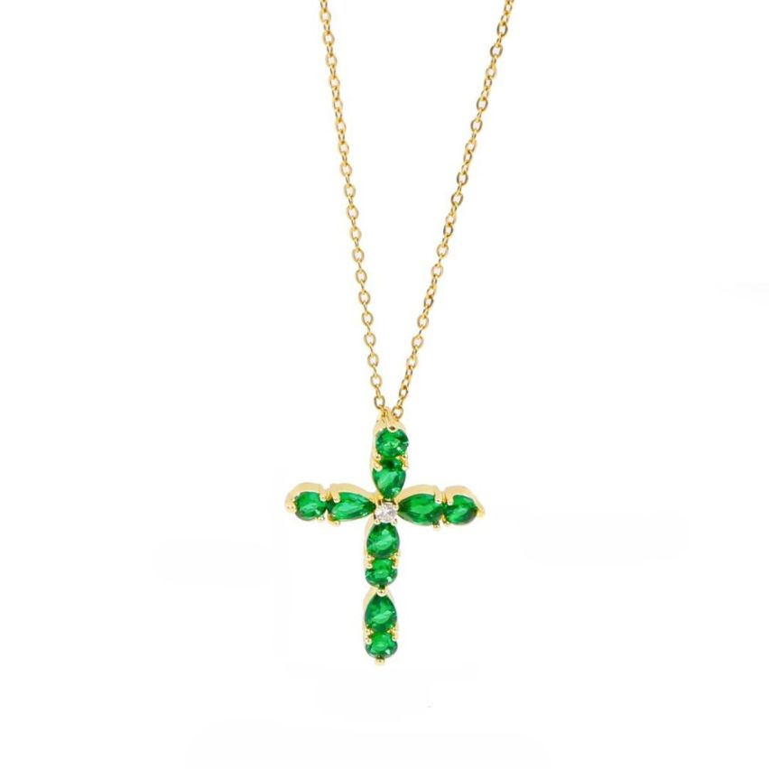 S.Steel Gold Plating Green Zircon Cross Women-c 10g