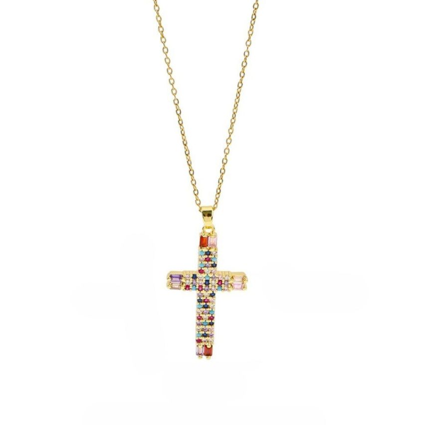 S.Steel Gold Plating Colorfull Zircon Cross Women-c 10g
