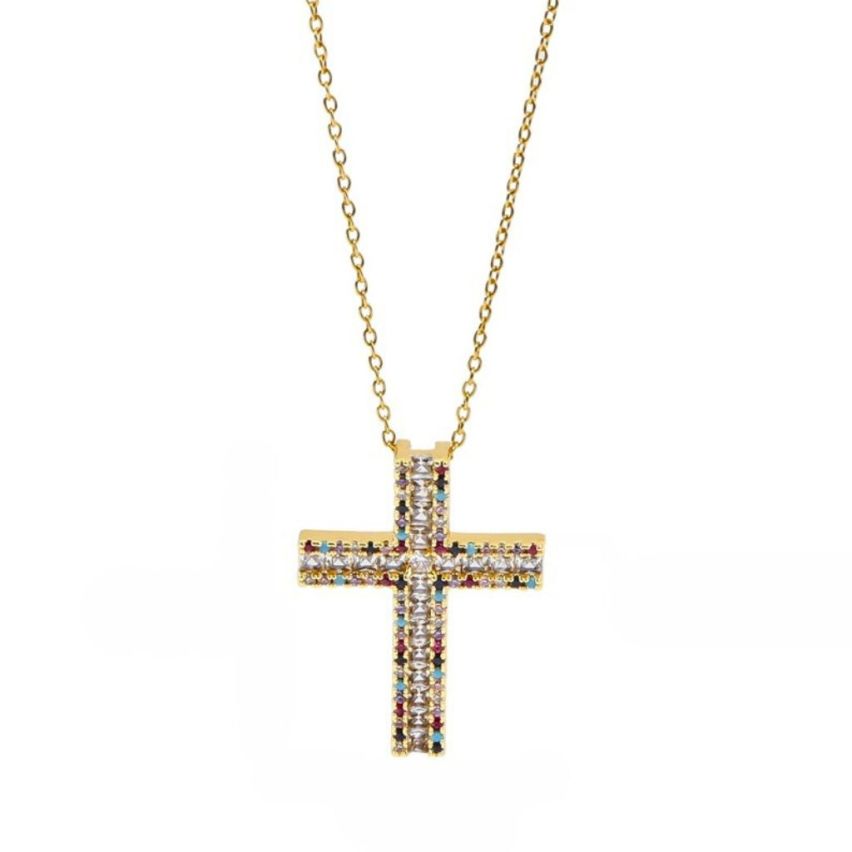 S.Steel Gold Plating Colorfull Zircon Cross Women-c 10g