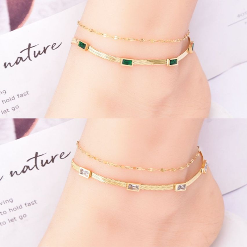 S.Steel Gold Plating Zircon Anklets Women-c