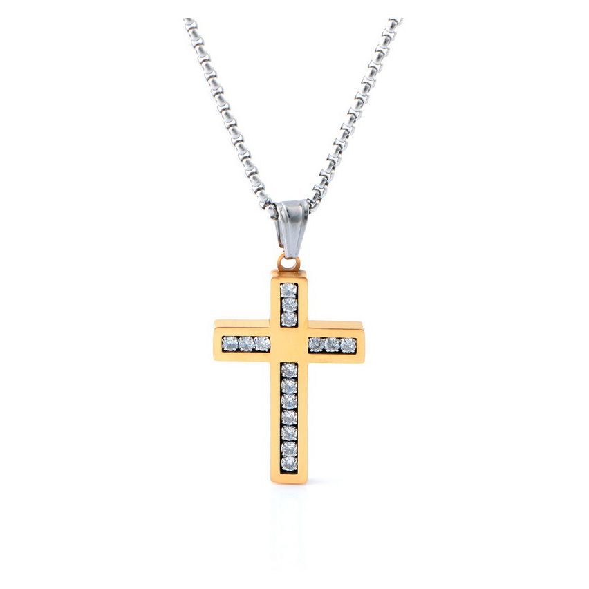 S.Steel Gold Plating Zircon Cross Men-c