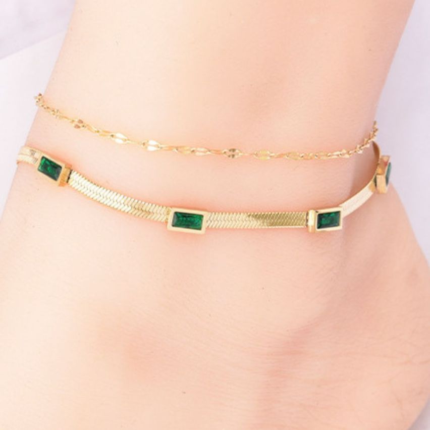 S.Steel Gold Plating Green Zircon Anklets Women-c