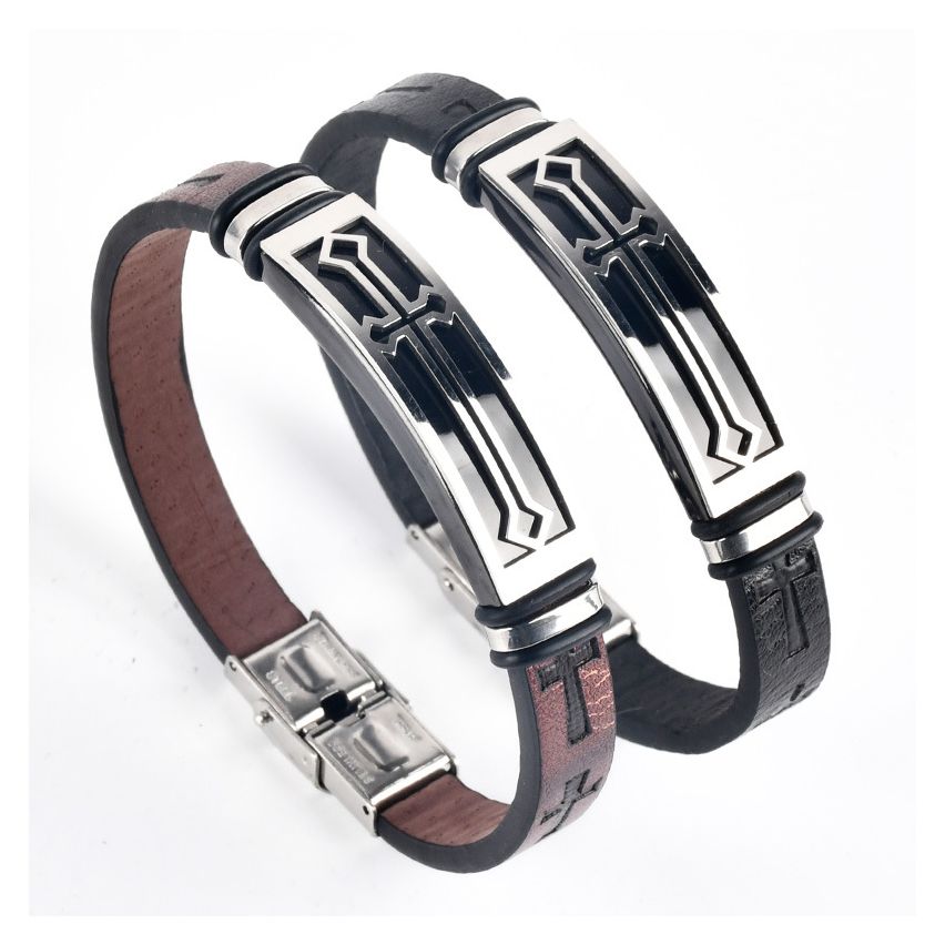 S.Steel Leather Cross Men-c 215x10mm