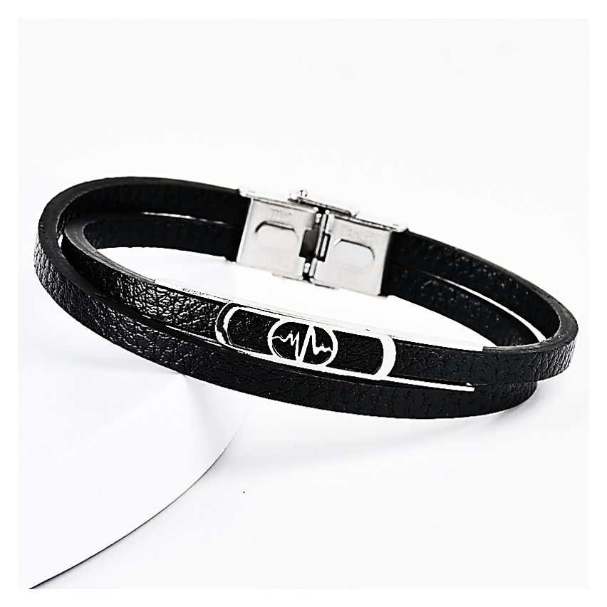 S.Steel Black Leather Men-c 215x10mm