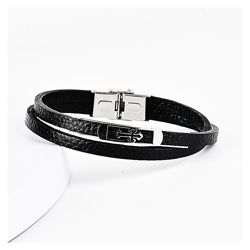 S.Steel Black Leather Men-c 215x10mm