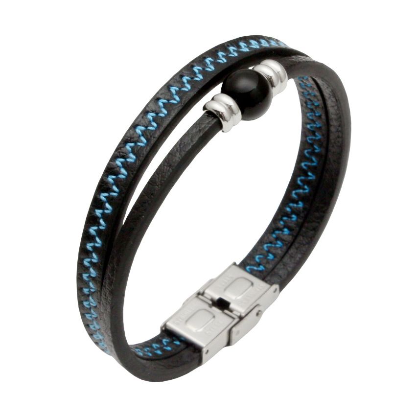 S.Steel Blue Stitched Leather Multilayer Men-c 20g