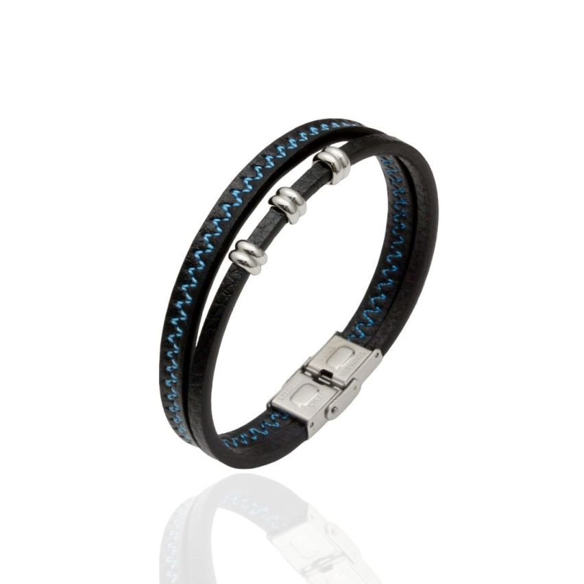 S.Steel Blue Stitched Leather Men-c 20g